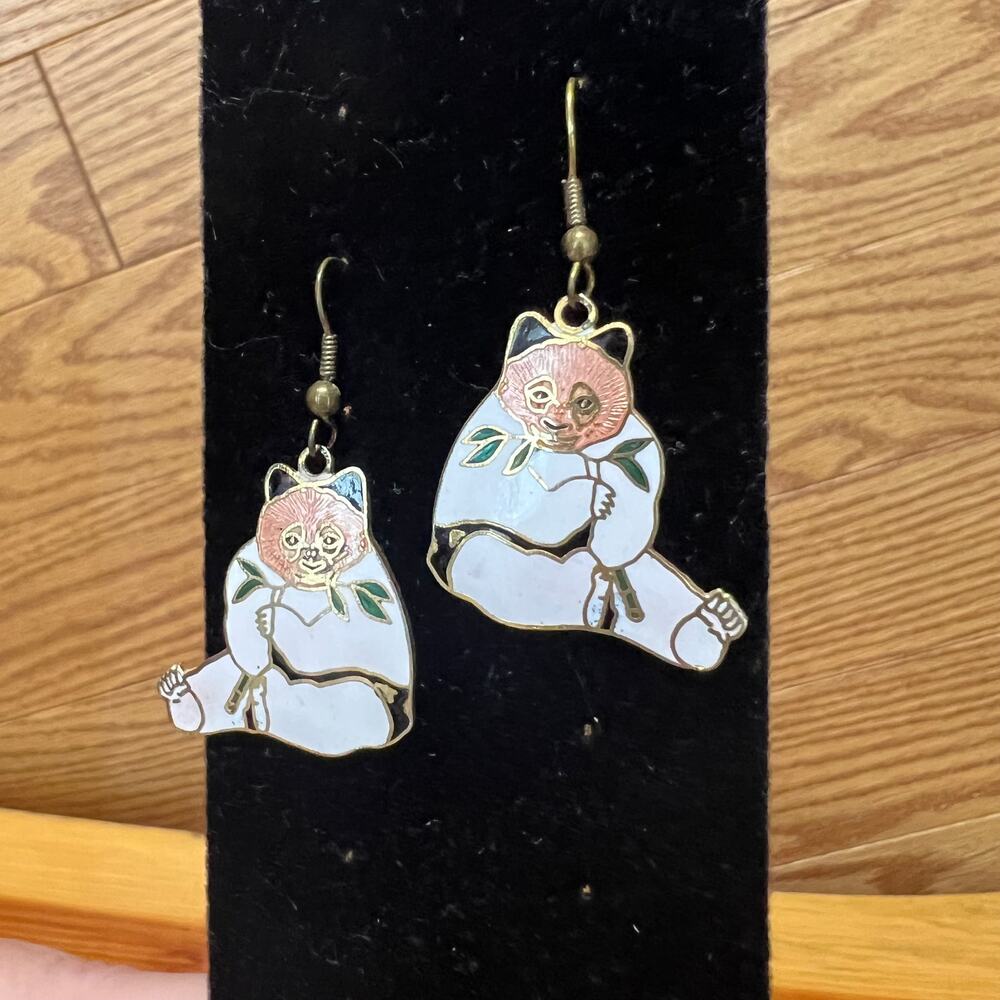 Vintage Panda Bear Dangle Earrings Bamboo 1970's Art Deco Asian Metal‎